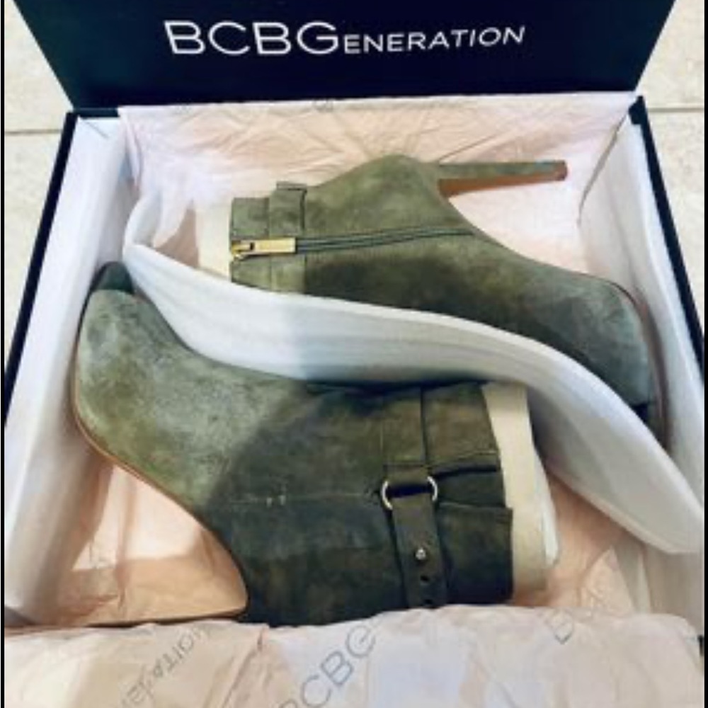 BCBGeneration Carolena Women’s Peep Toe Ankle Boot in Fatigue Lux Suede